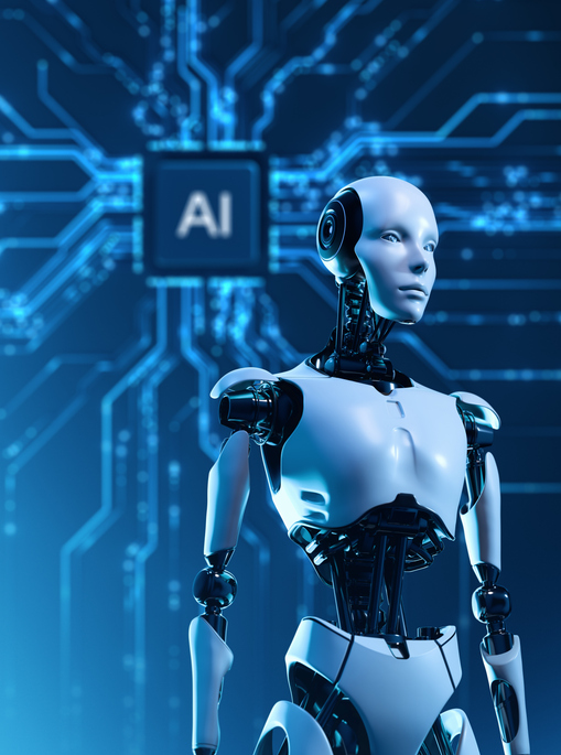 Futuristic Humanoid Robot with AI Processor and Digital Neural Network Background